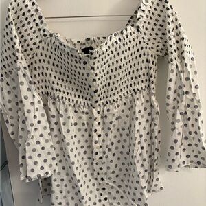 torrid White and Gray Polka Dot Smocked Button-Front Blouse